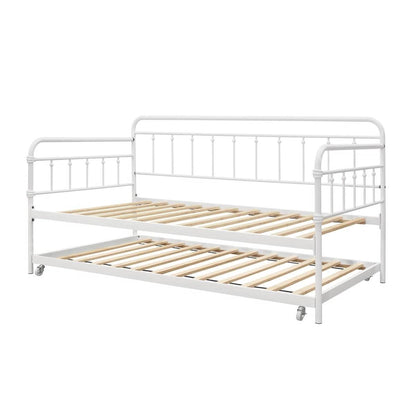 Twin size Traditional White Rounded Iron Daybed with Roll Out Trundle Bed Frame