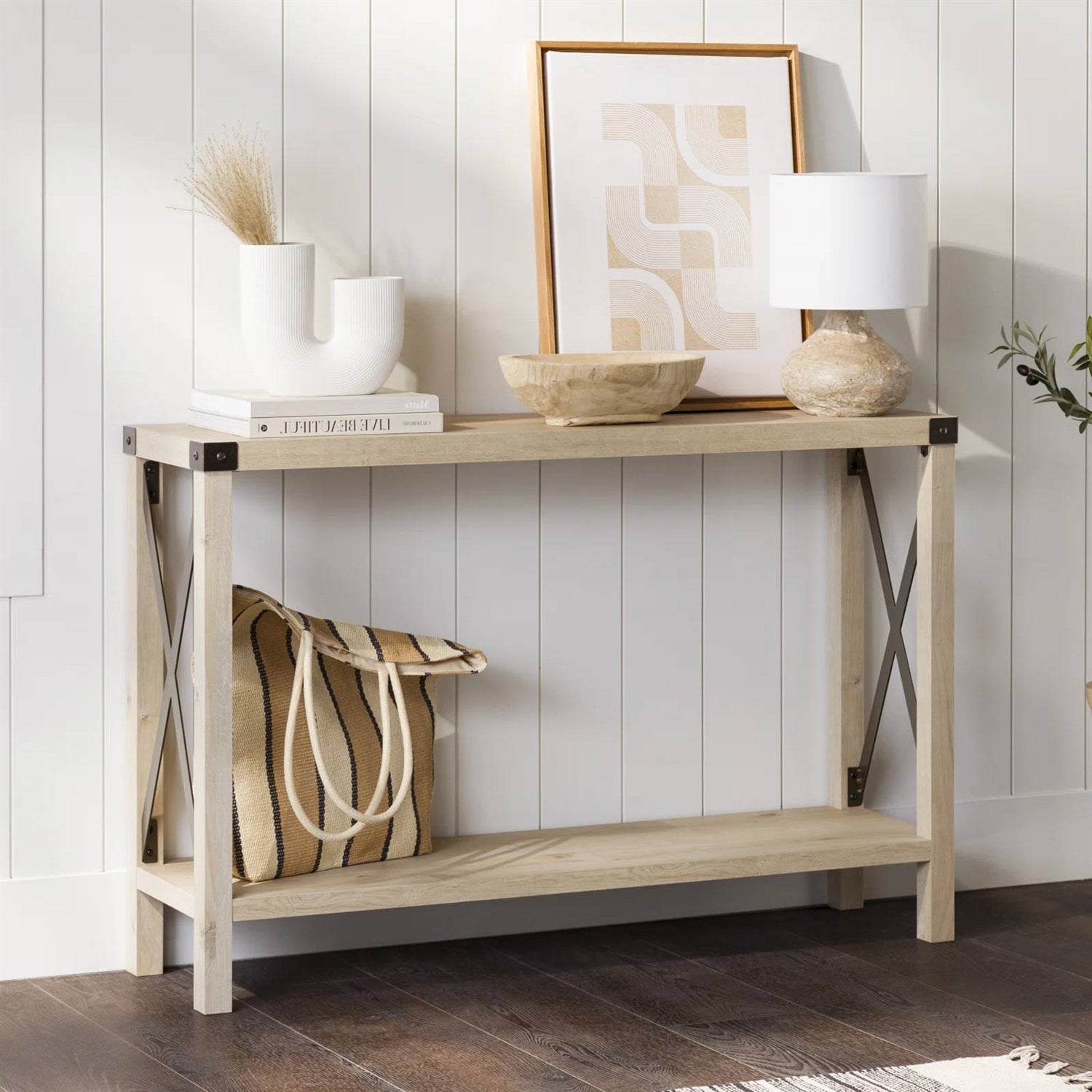 Industrial Farmhouse Entryway Table / Sofa Table in White Oak Wood Finish — Chic Home-Decor