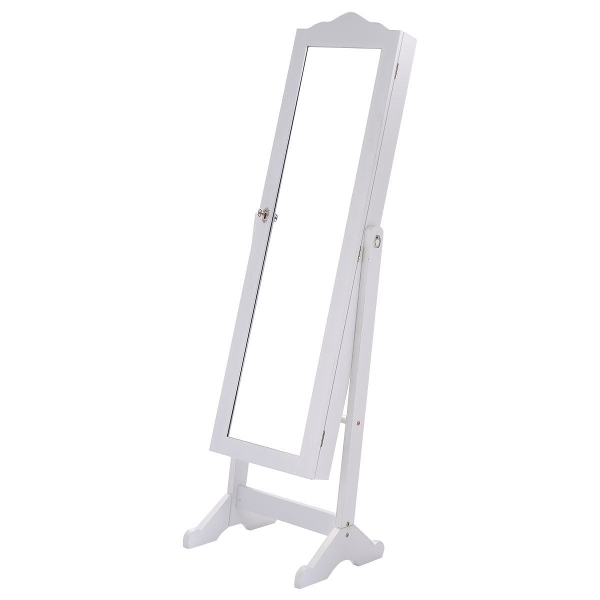 Locking White Wood Jewelry Armoire Cabinet Floor Mirror