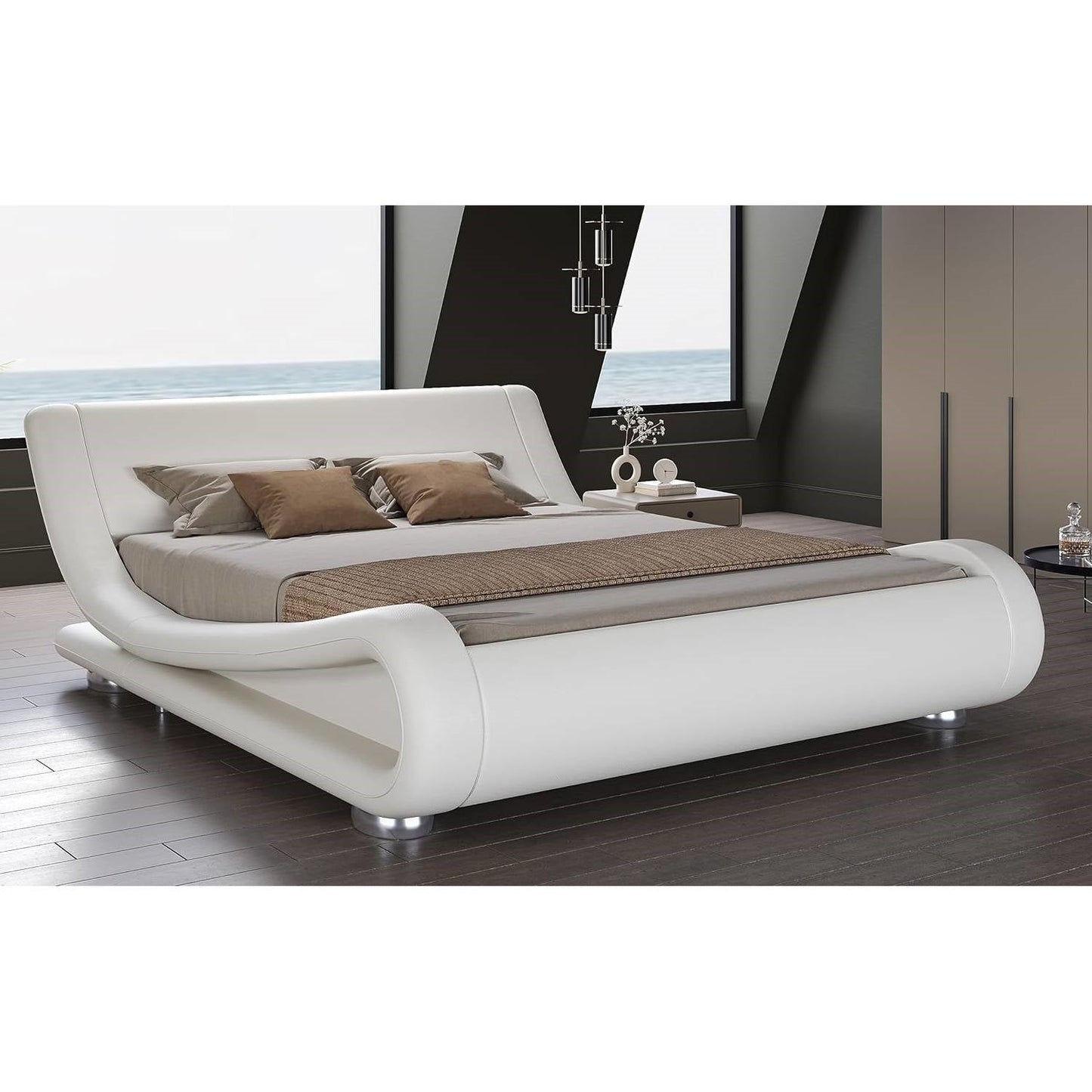 Queen Modern White Upholstered Platform Bed Frame with Sleigh Curved Headboard — Chic Home-Decor