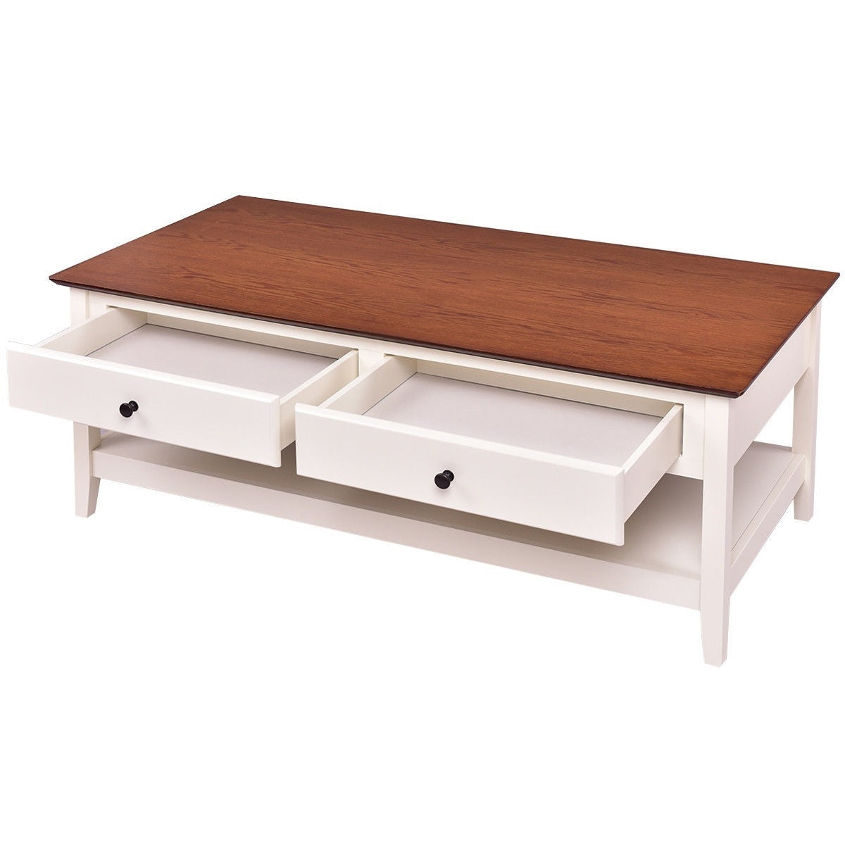 White Wood Coffee Table with 2 Storage Drawers and Bottom Shelf