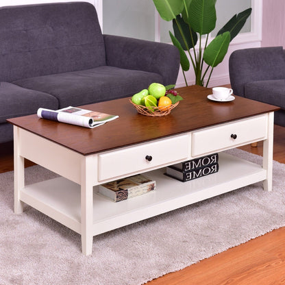 White Wood Coffee Table with 2 Storage Drawers and Bottom Shelf