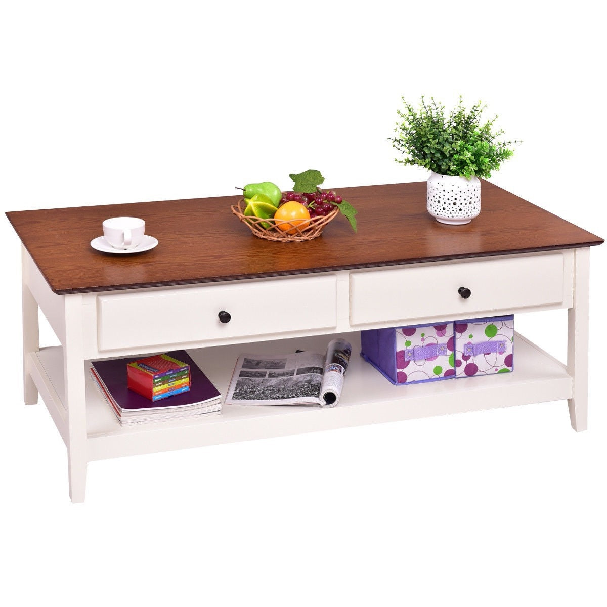 White Wood Coffee Table with 2 Storage Drawers and Bottom Shelf