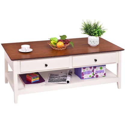 White Wood Coffee Table with 2 Storage Drawers and Bottom Shelf