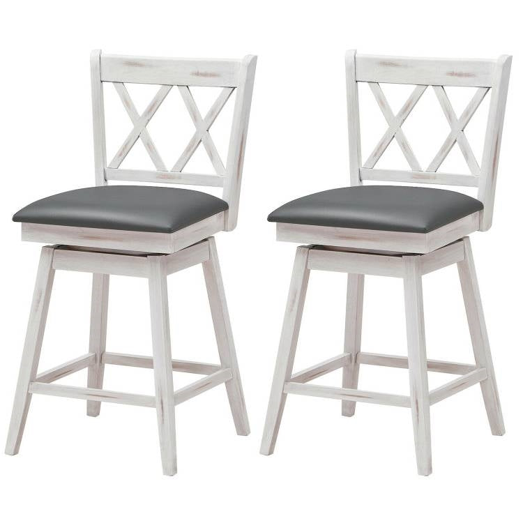 Set of 2 Wood 24-in Counter Height Farmhouse Swivel Cushion Seat Barstools – White