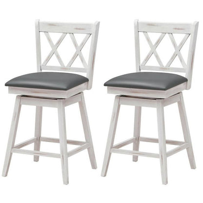 Set of 2 Wood 24-in Counter Height Farmhouse Swivel Cushion Seat Barstools – White