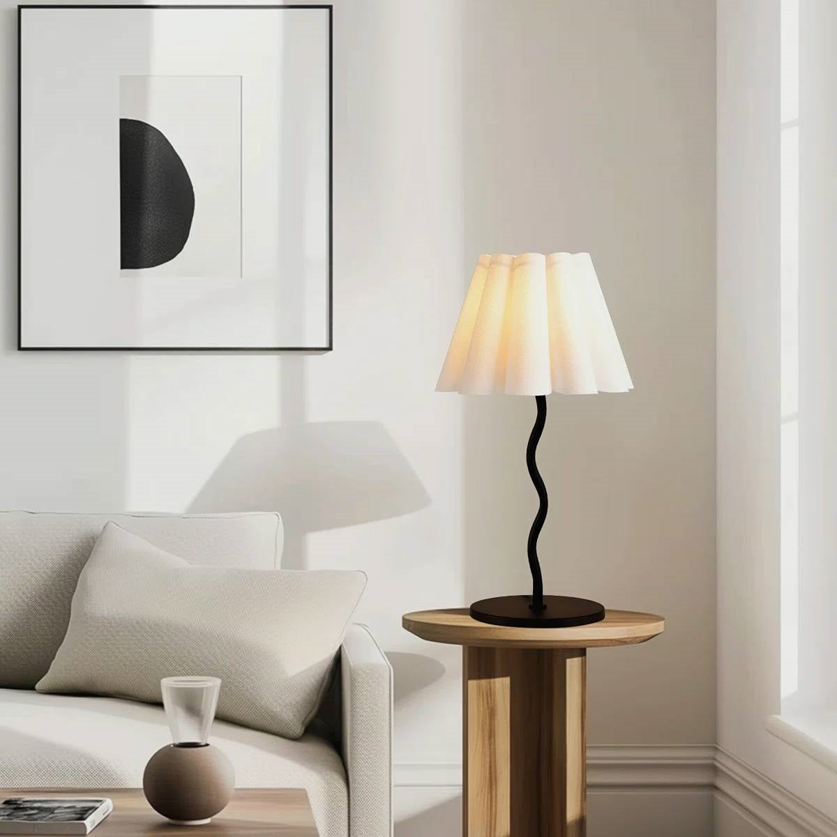Modern S-Shaped Black Metal Table Lamp with Umbrella-style White Fabric Shade
