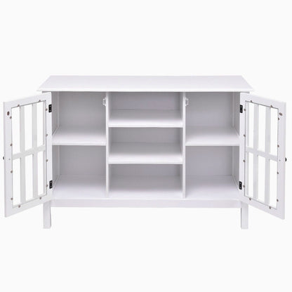 White Wood Sofa Table Console Cabinet with Tempered Glass Panel Doors