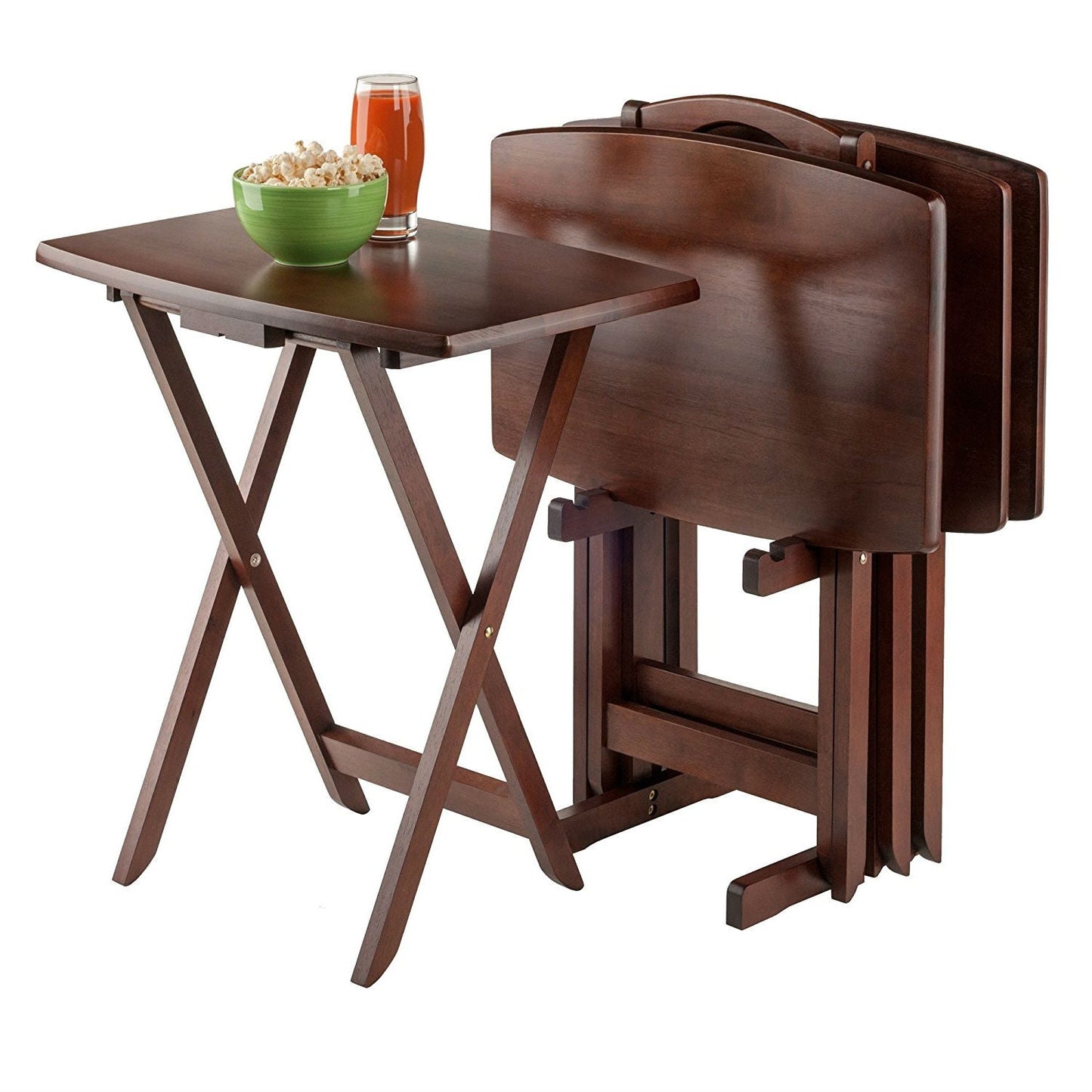 Set of 4 TV Tray Coffee Tables with Storage Rack in Walnut Wood Finish
