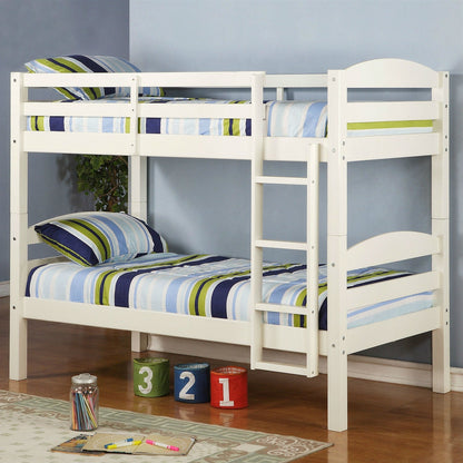 White Wood Twin over Twin Bunk Bed with Ladder and Guardrail