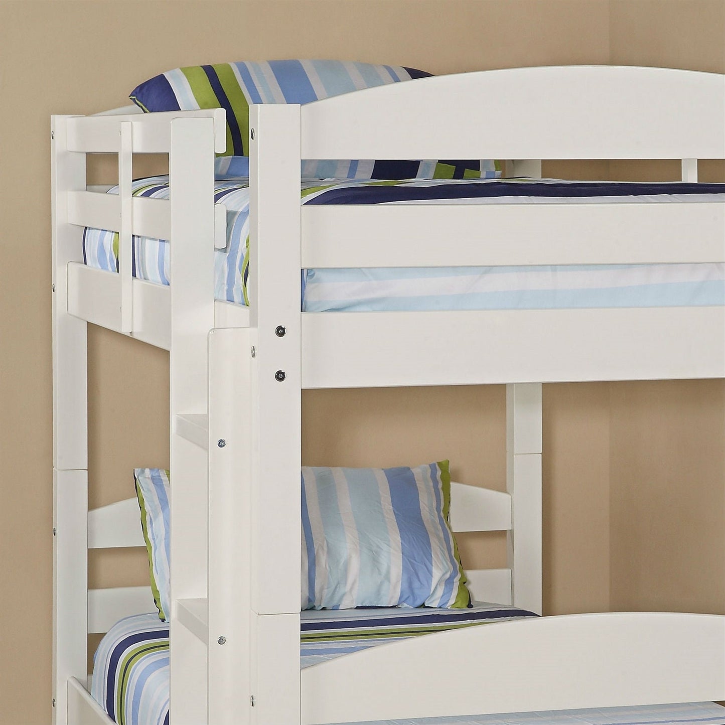 White Wood Twin over Twin Bunk Bed with Ladder and Guardrail