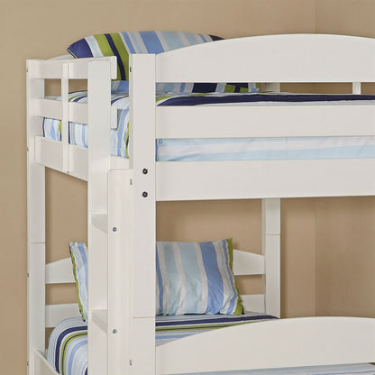 White Wood Twin over Twin Bunk Bed with Ladder and Guardrail