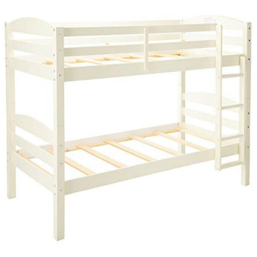 White Wood Twin over Twin Bunk Bed with Ladder and Guardrail
