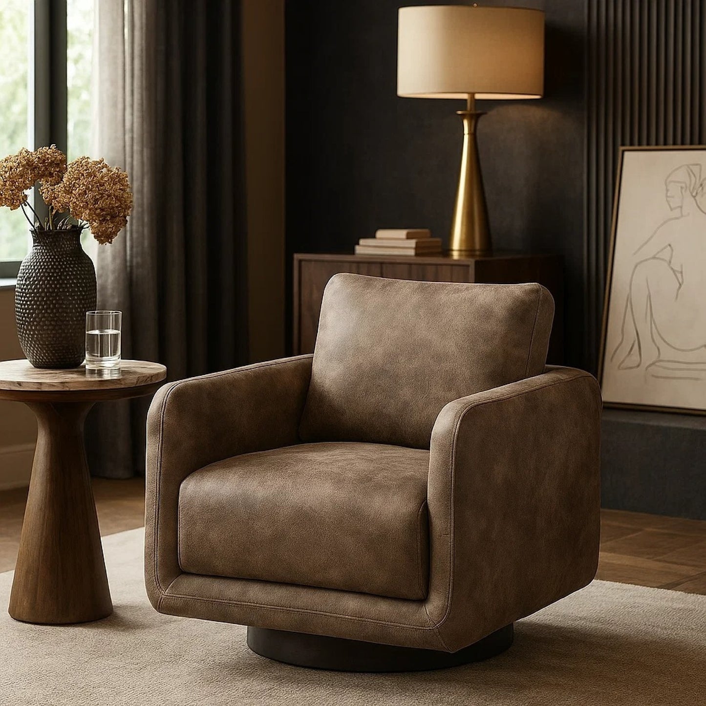 Wade Swivel Armchair, Square Frame, Auburn Red Faux Leather