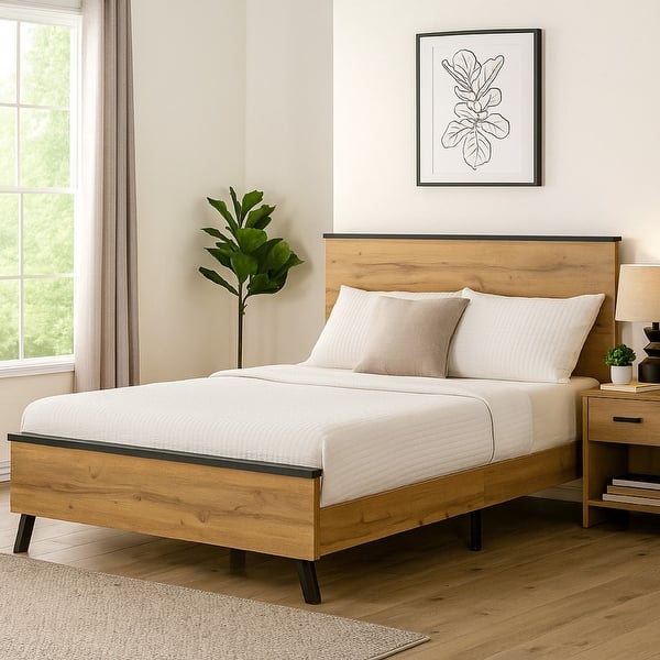 Wemy King Size Bed, Tall Panel Headboard, Natural Brown Pine Finish