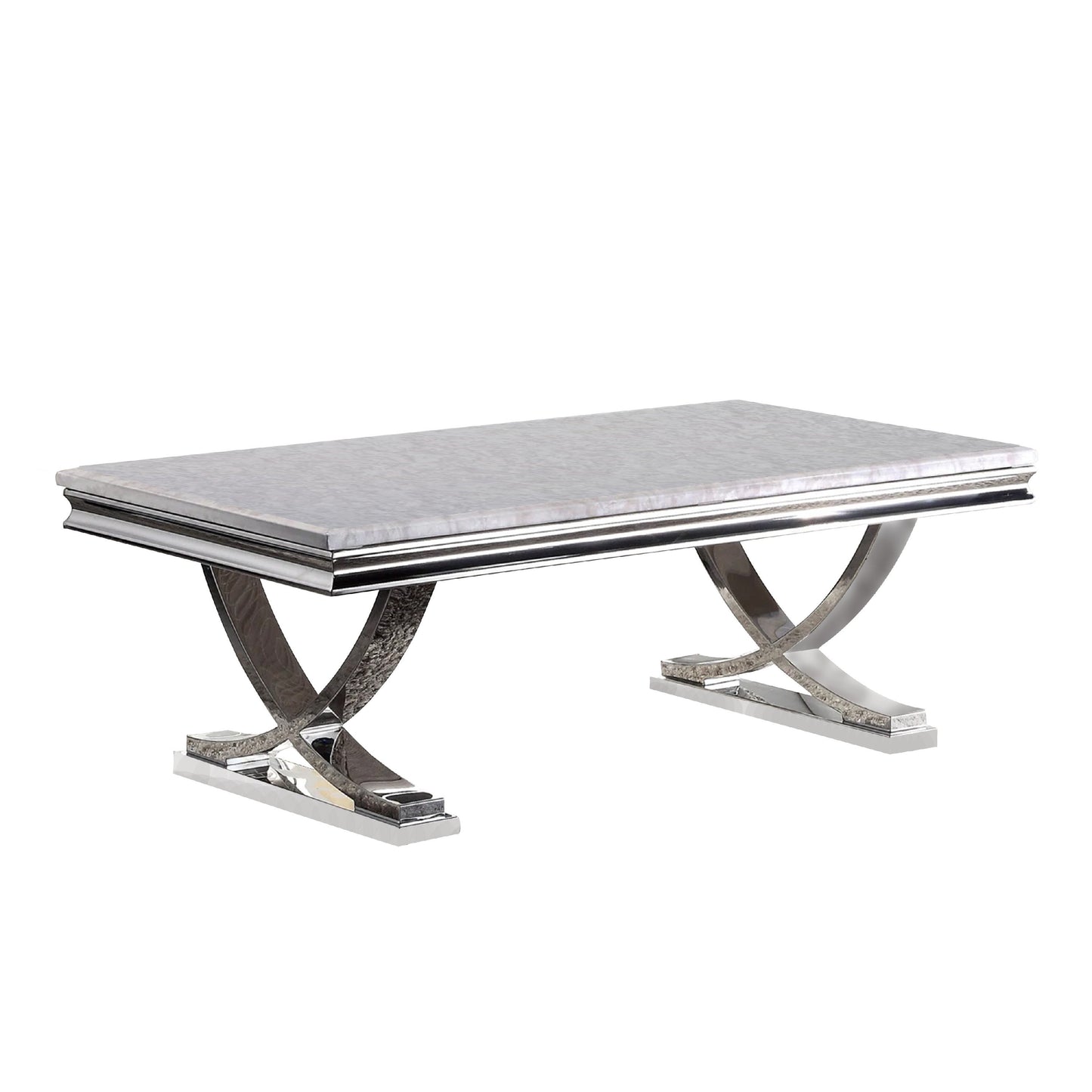 Wety Coffee Table, Faux Marble Top, Chrome Pedestal Base, 51 Inch