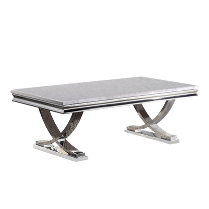 Wety Coffee Table, Faux Marble Top, Chrome Pedestal Base, 51 Inch