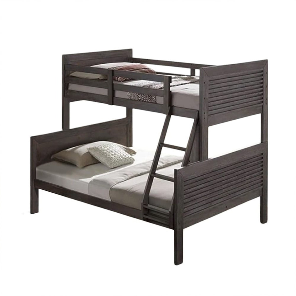 Wexo Twin over Twin Bunk Bed, Charcoal Brown Slat Design and Ladder
