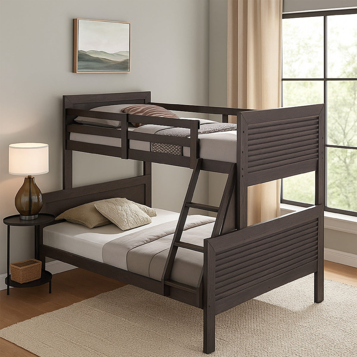 Charcoal Brown Slat Twin Bunk Bed with Ladder, Twin over Full - Chic Home-Decor
