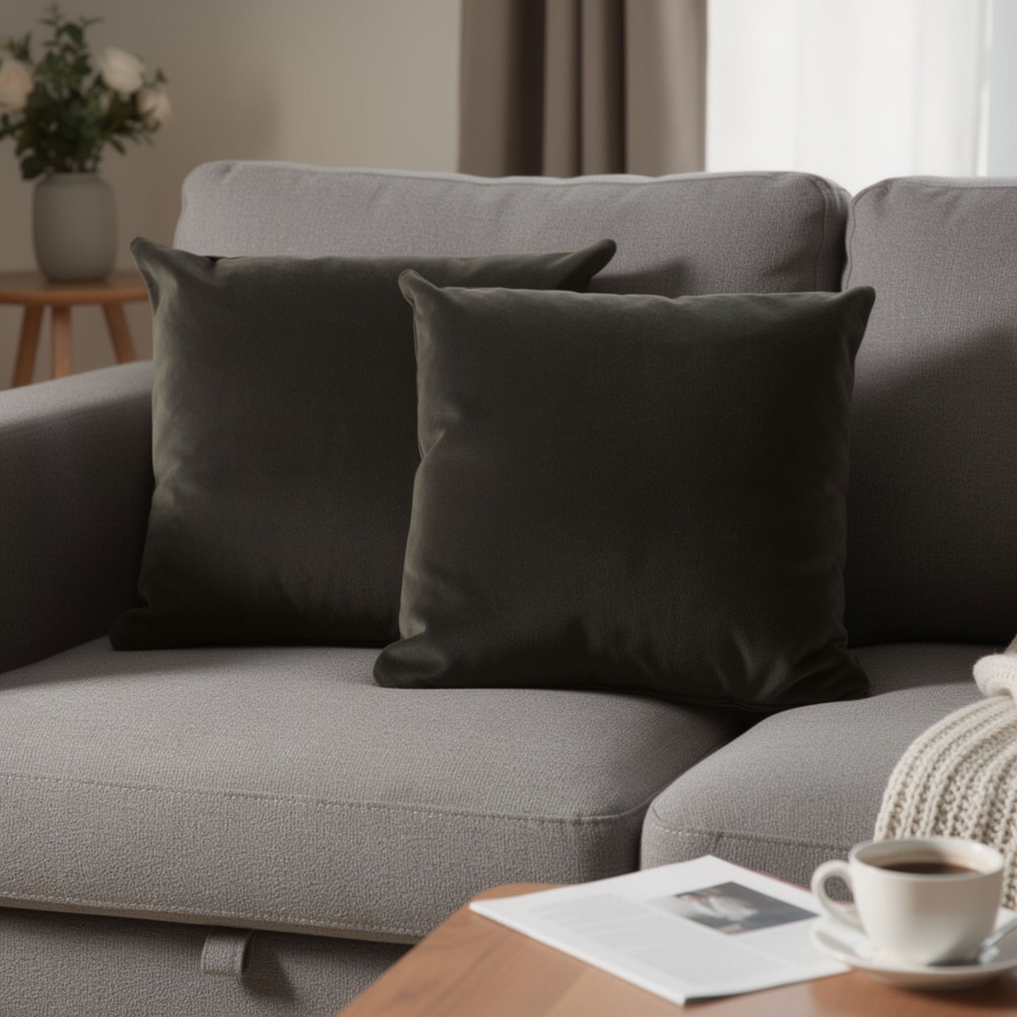Wily Accent Pillow Set of 2, 16 Inch Square, Charcoal Black Boucle