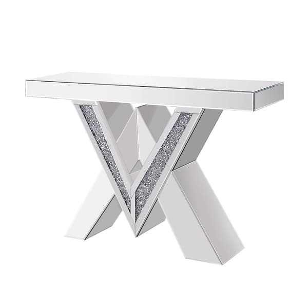 Wood and Mirror Console Table with Interlocking V Shape Base, Clear
