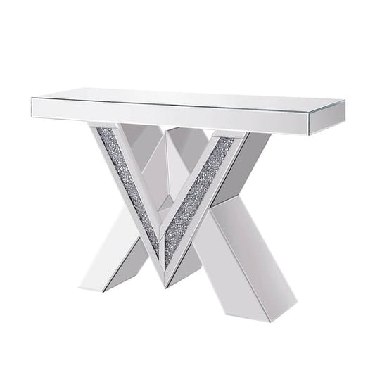 Wood and Mirror Console Table with Interlocking V Shape Base, Clear