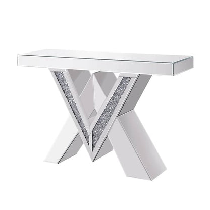 Wood and Mirror Console Table with Interlocking V Shape Base, Clear