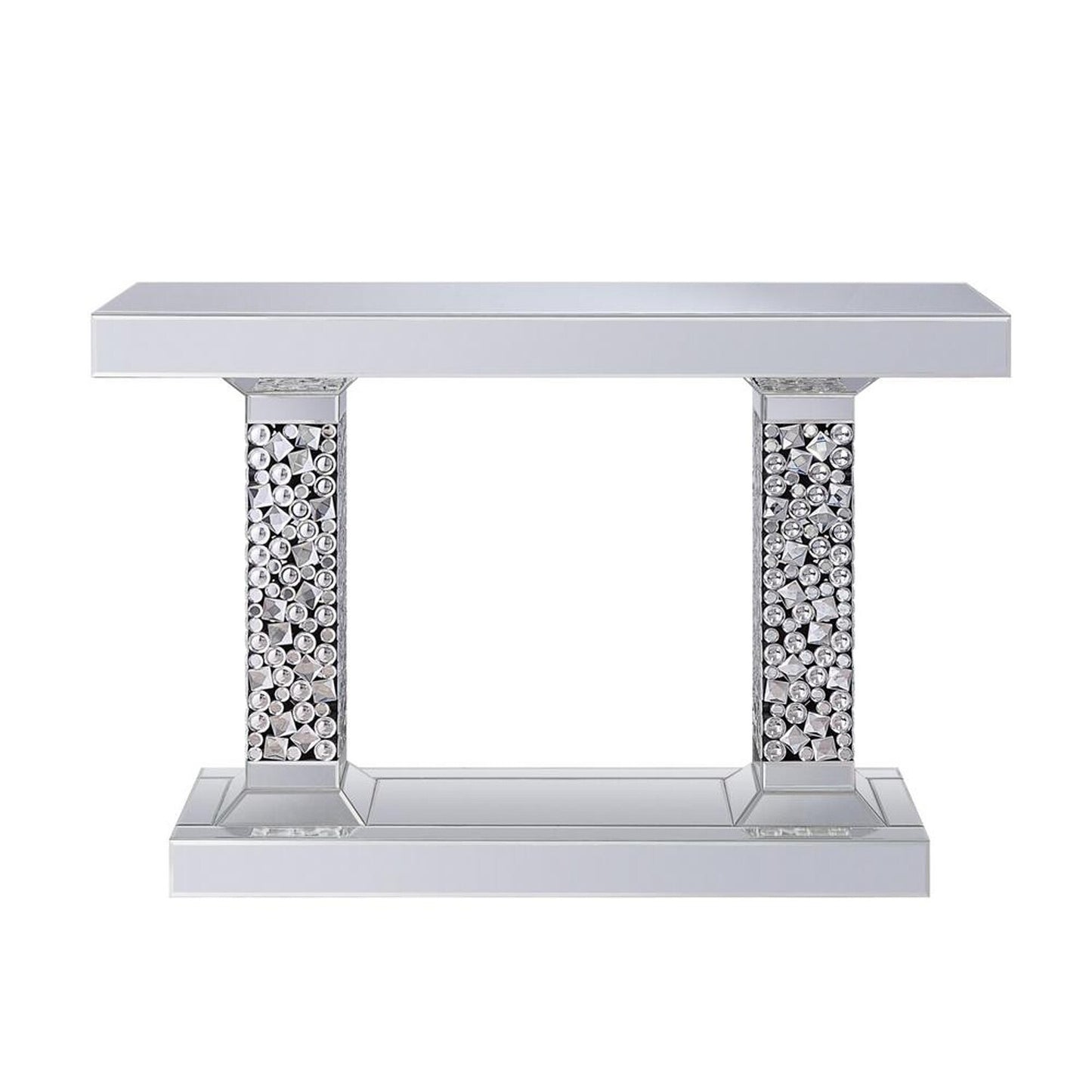 Wood and Mirror Console Table with Two Pedestal Base, Clear and Black