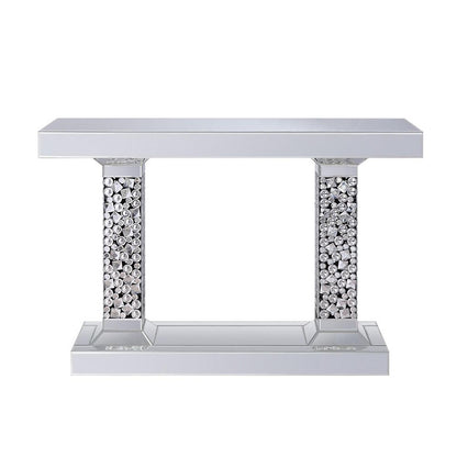 Wood and Mirror Console Table with Two Pedestal Base, Clear and Black