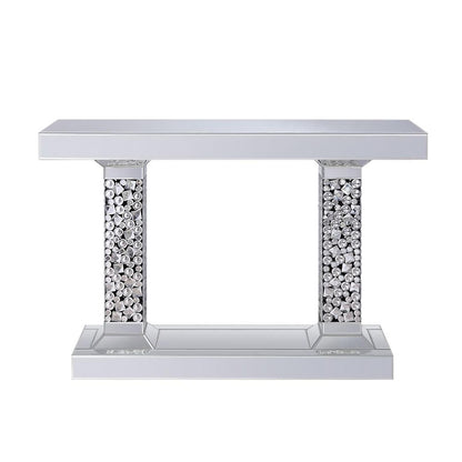 Wood and Mirror Console Table with Two Pedestal Base, Clear and Black