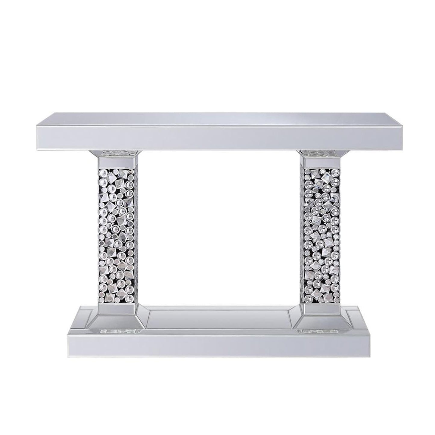Wood and Mirror Console Table with Two Pedestal Base, Clear and Black