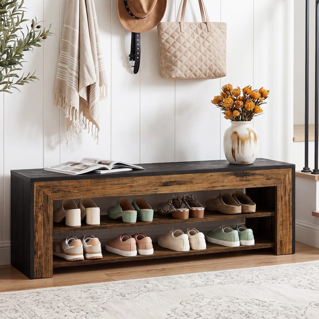 Demi 48 Inch Storage Bench, Lower Shelf, Rustic White Solid Wood