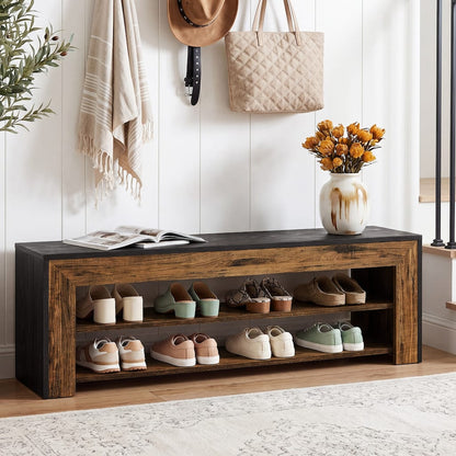 Demi 48 Inch Storage Bench, Lower Shelf, Rustic White Solid Wood