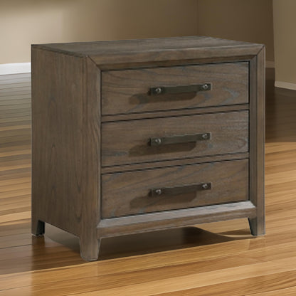 Wyn 27 Inch Nightstand, 3 Drawers, Nickel Handles, Brushed Walnut Brown