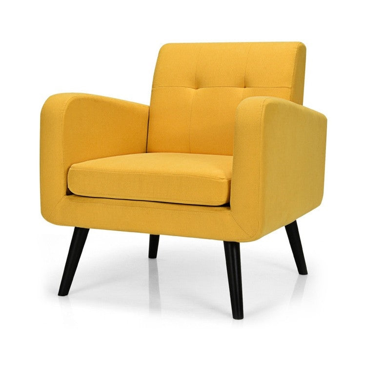 Mid-Century Modern Yellow Linen Upholstered Accent Chair with Wooden Legs — Chic Home-Decor