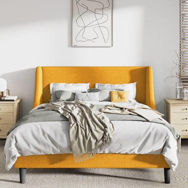 Queen Size Yellow Linen Blend Upholstered Platform Bed with Wingback Headboard — Chic Home-Decor