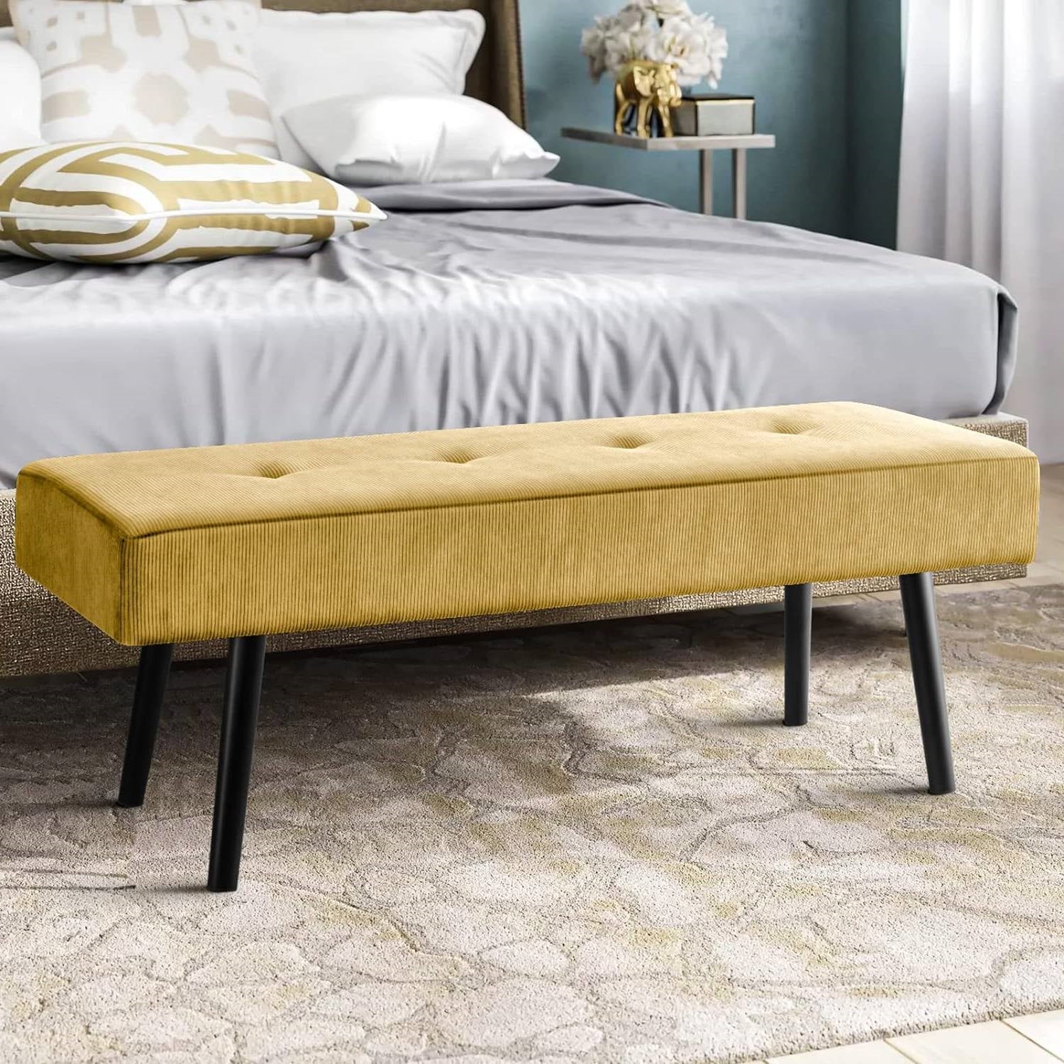 Modern Yellow Corduroy Upholstered End of Bed Bench with Black Metal Legs — Chic Home-Decor