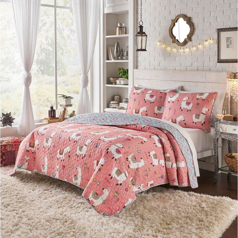 King Size Pink Blue Reversible Floral Llama 100-Percent Cotton Quilt Set — Chic Home-Decor
