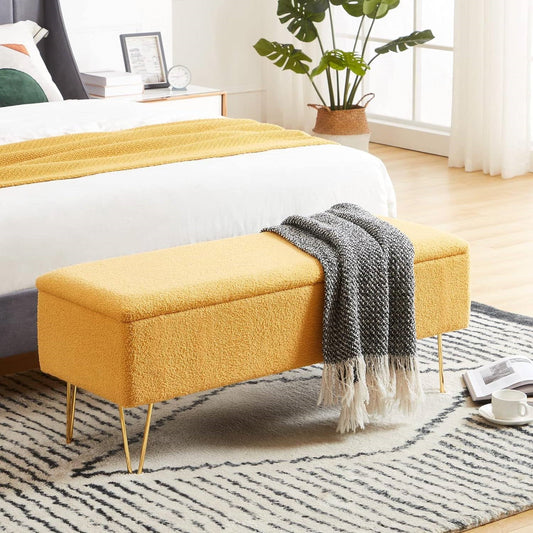 Yellow Sherpa Fabric Upholstered End of Bed Storage Bench with Gold Finish Legs — Chic Home-Decor