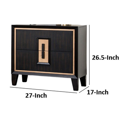Yada Nightstand, 2 Drawers, Espresso Brown Solid Wood, Gold, 27 Inch