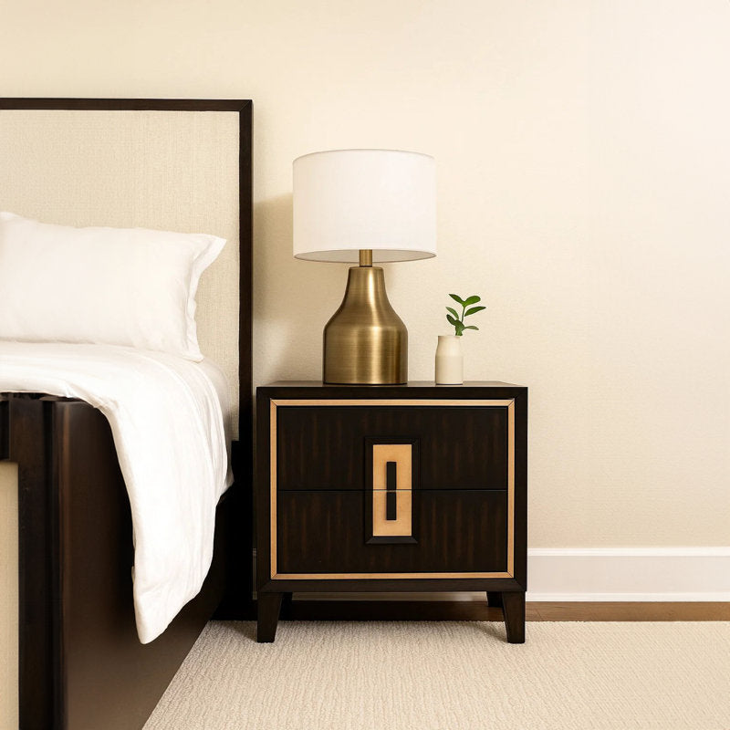 Yada Nightstand, 2 Drawers, Espresso Brown Solid Wood, Gold, 27 Inch