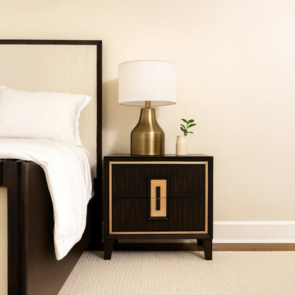 Yada Nightstand, 2 Drawers, Espresso Brown Solid Wood, Gold, 27 Inch