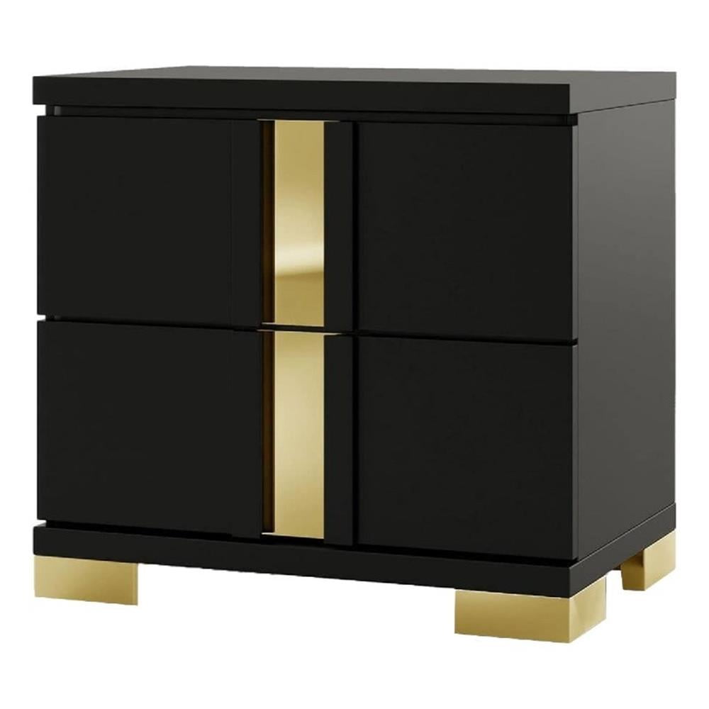 Yoki Nightstand, 2 Drawers, Modern Glam Black and Gold, 23 Inch