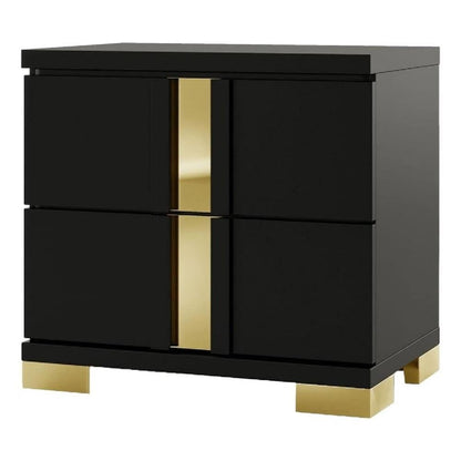 Yoki Nightstand, 2 Drawers, Modern Glam Black and Gold, 23 Inch