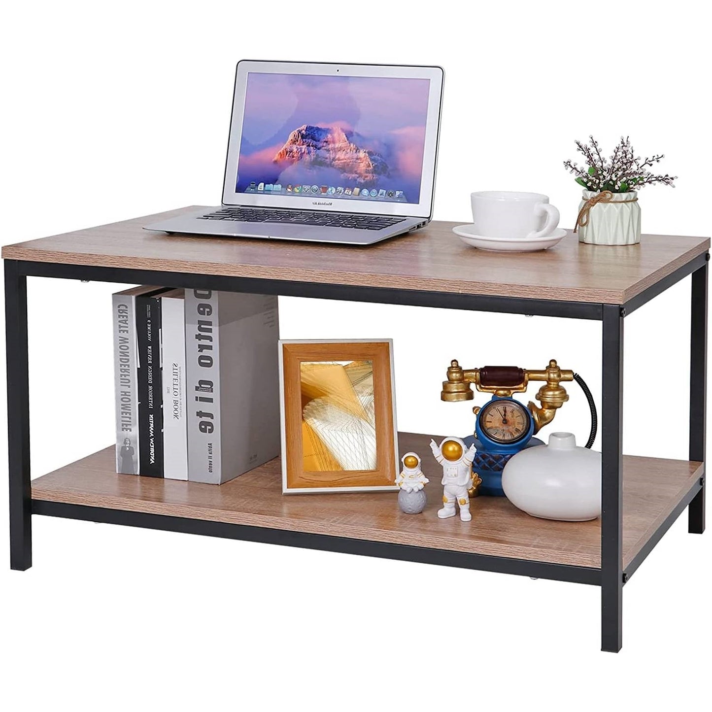 Modern 2-Tier Metal Wooden Coffee Table in Natural Wood Finish — Chic Home-Decor
