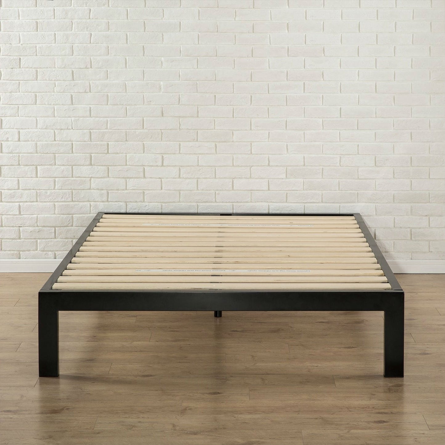 Full black metal platform bed frame with wood slats by FastFurnishings