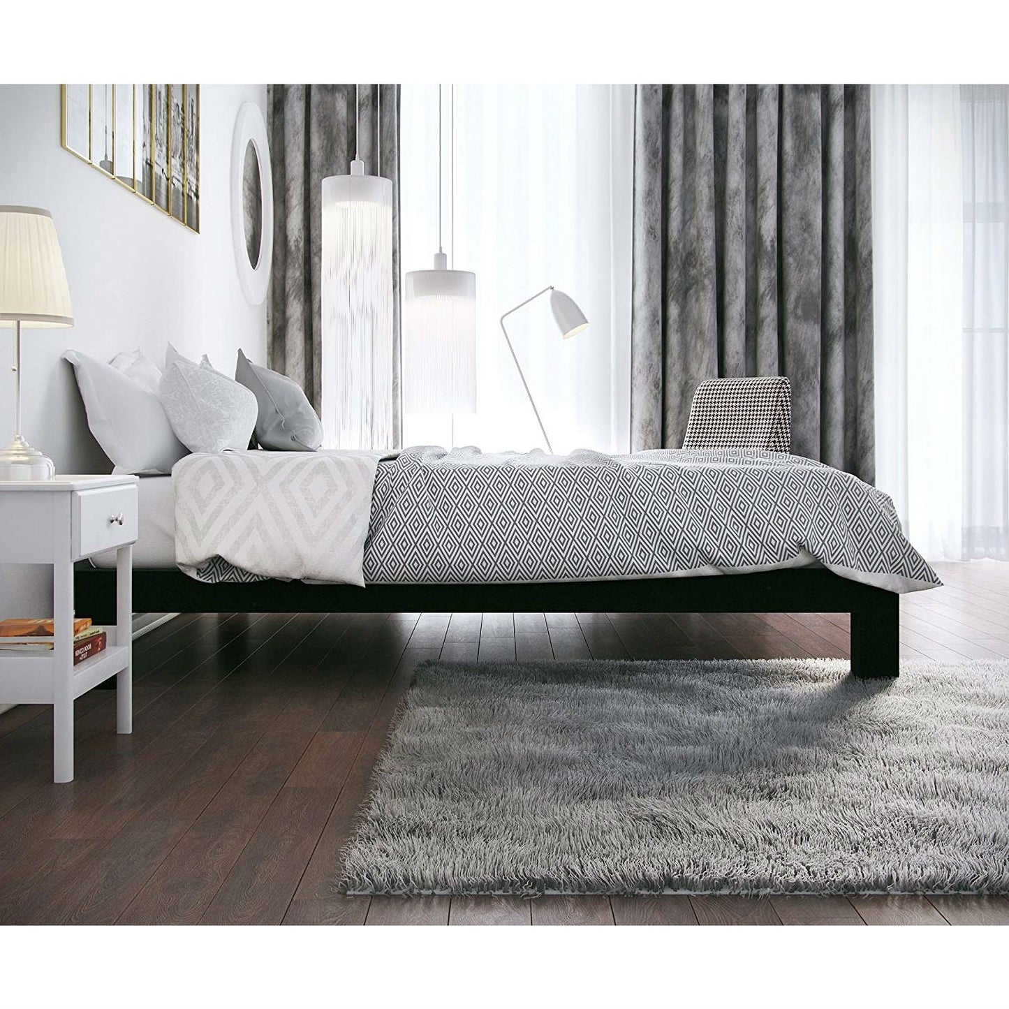 Full modern black metal platform bed frame with wood slats in a white-gray bedroom.
