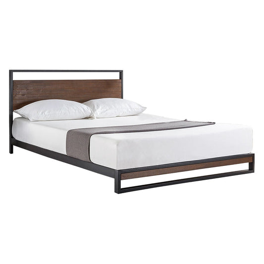 Full-size metal-wood platform bed frame with headboard, black frame and brown wood panel, FastFurnishings.