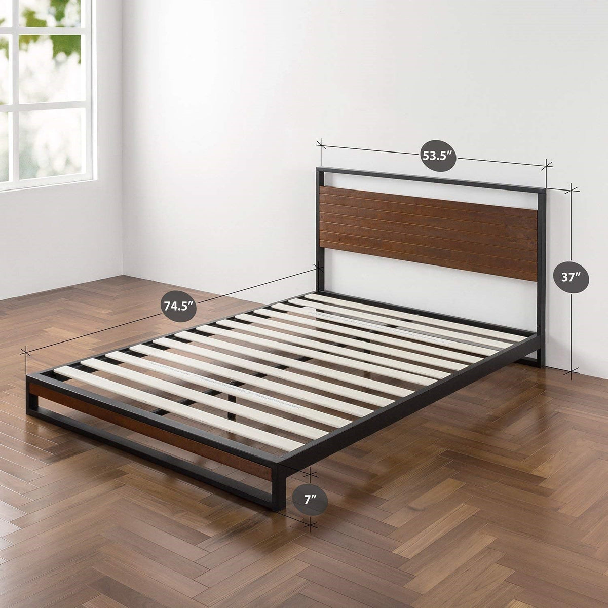 Full-size metal-wood platform bed frame with headboard; black metal frame and brown wood panel