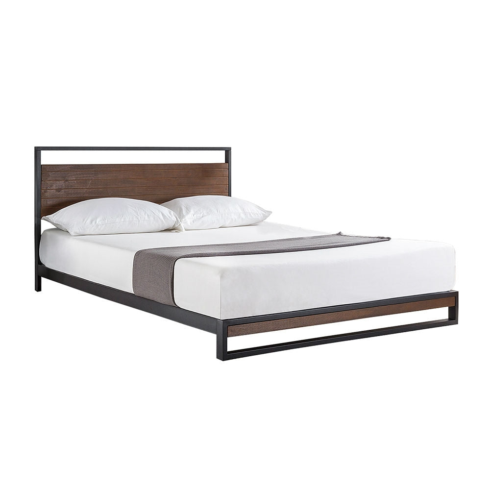 Twin size metal-wood platform bed frame with headboard, black metal frame and brown wood panel by FastFurnishings